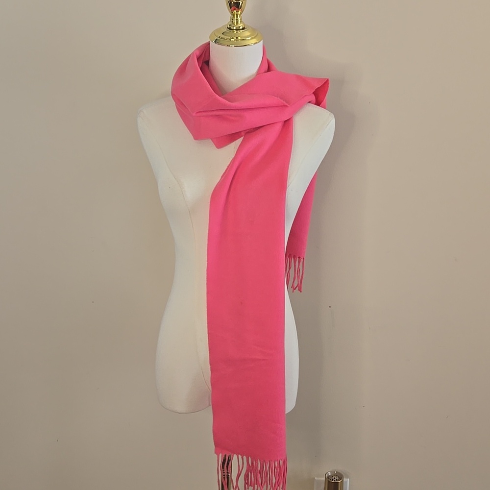 Coach 100% Cashmere Scarf – Pink with Fringe Trim, Luxe Preppy Classic